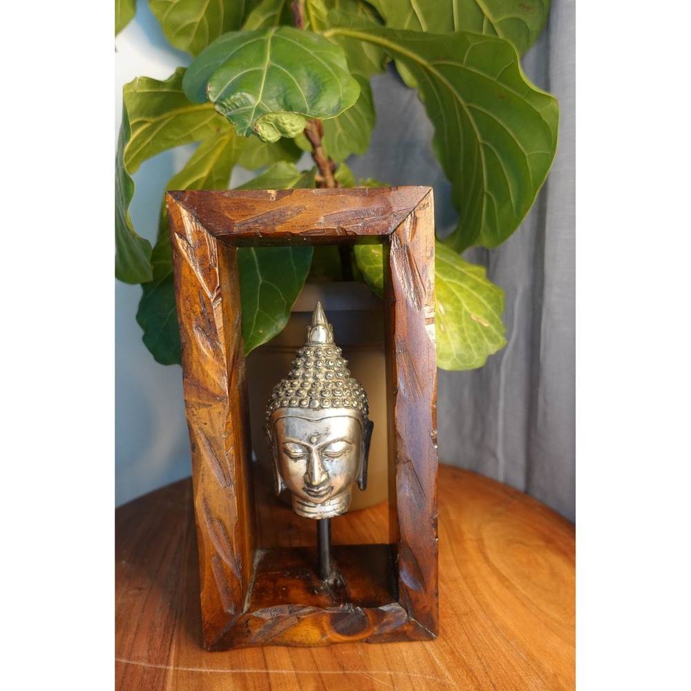 Buddha Head Statue in Wood Frame Asian Decor Sculpture Art - Picture 4 of 8